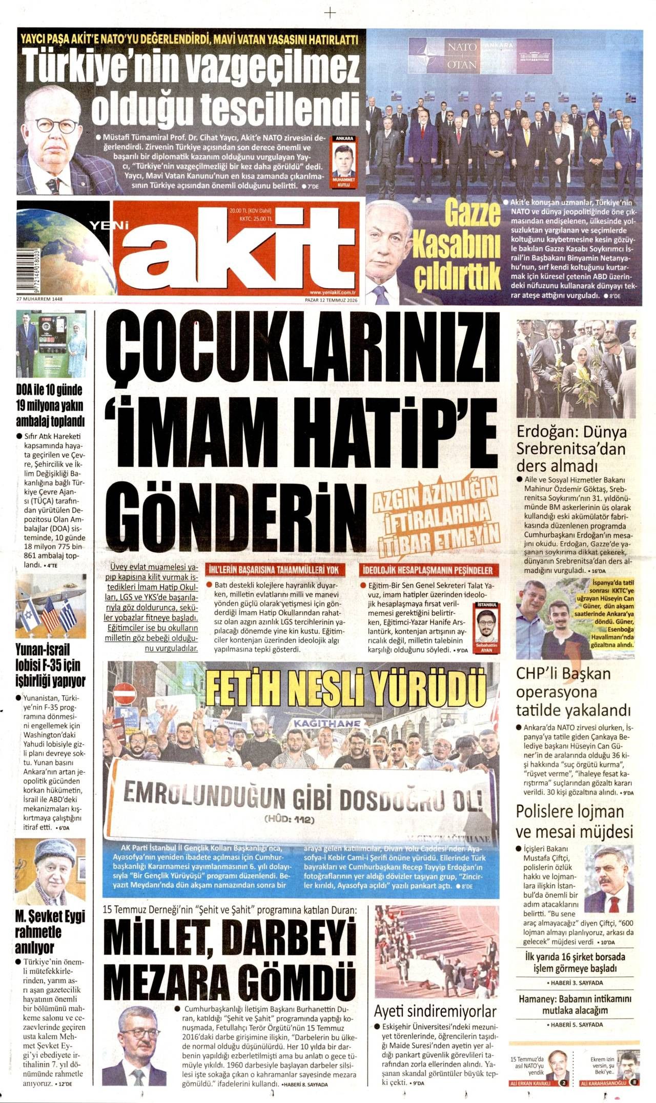 Yeni Akit Gazetesi Gazete Manşeti